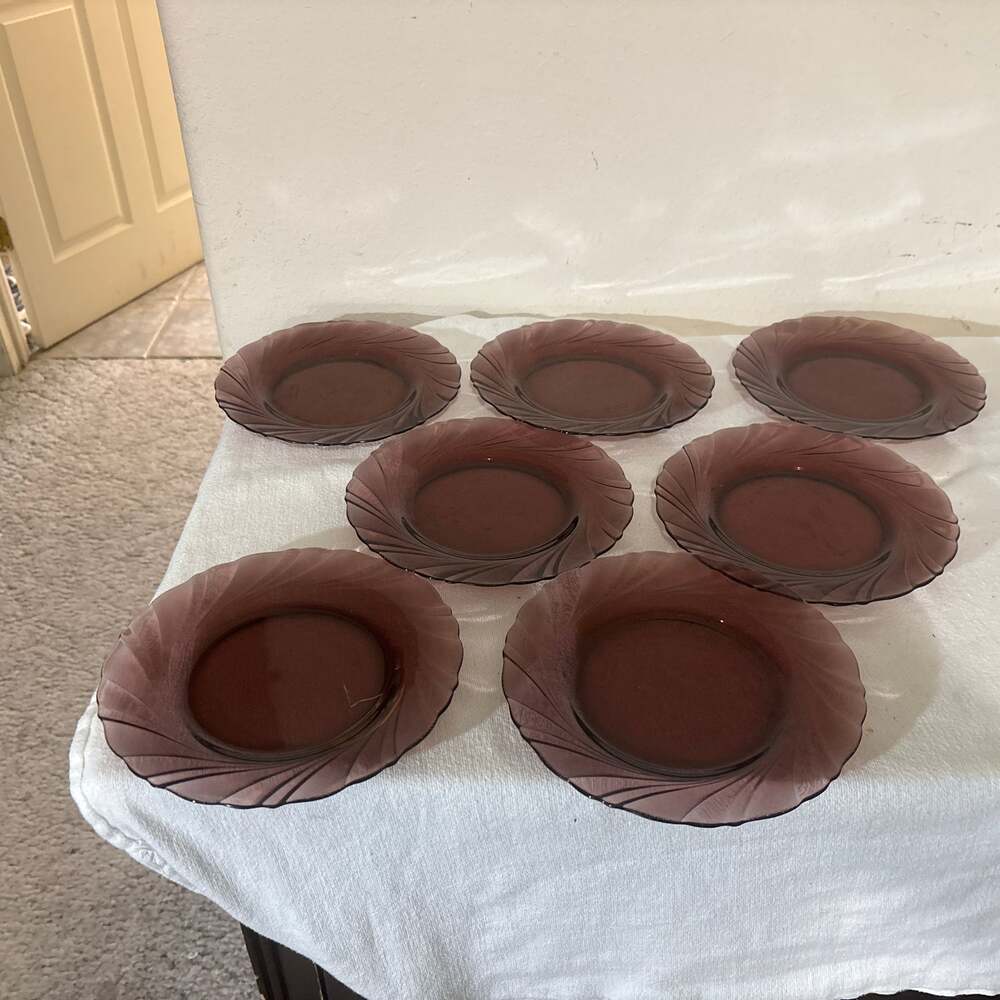 Set of 7 Vintage Duralex Rivage Amethyst Purple Swirl Glass Plates
